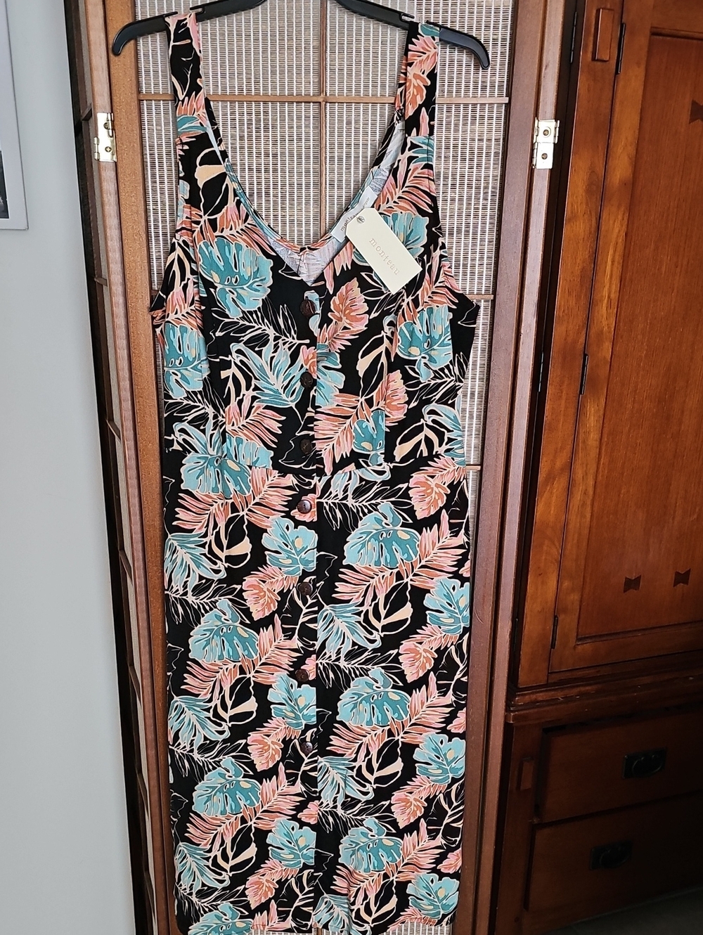 Monteau Black Midi Dress with Coral Pink & Teal Floral Print